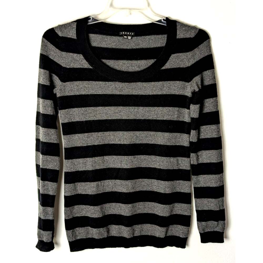 Theory 100% Cashmere Striped Sweater Black Heather Gray Scoop Neck Pullover Sz M